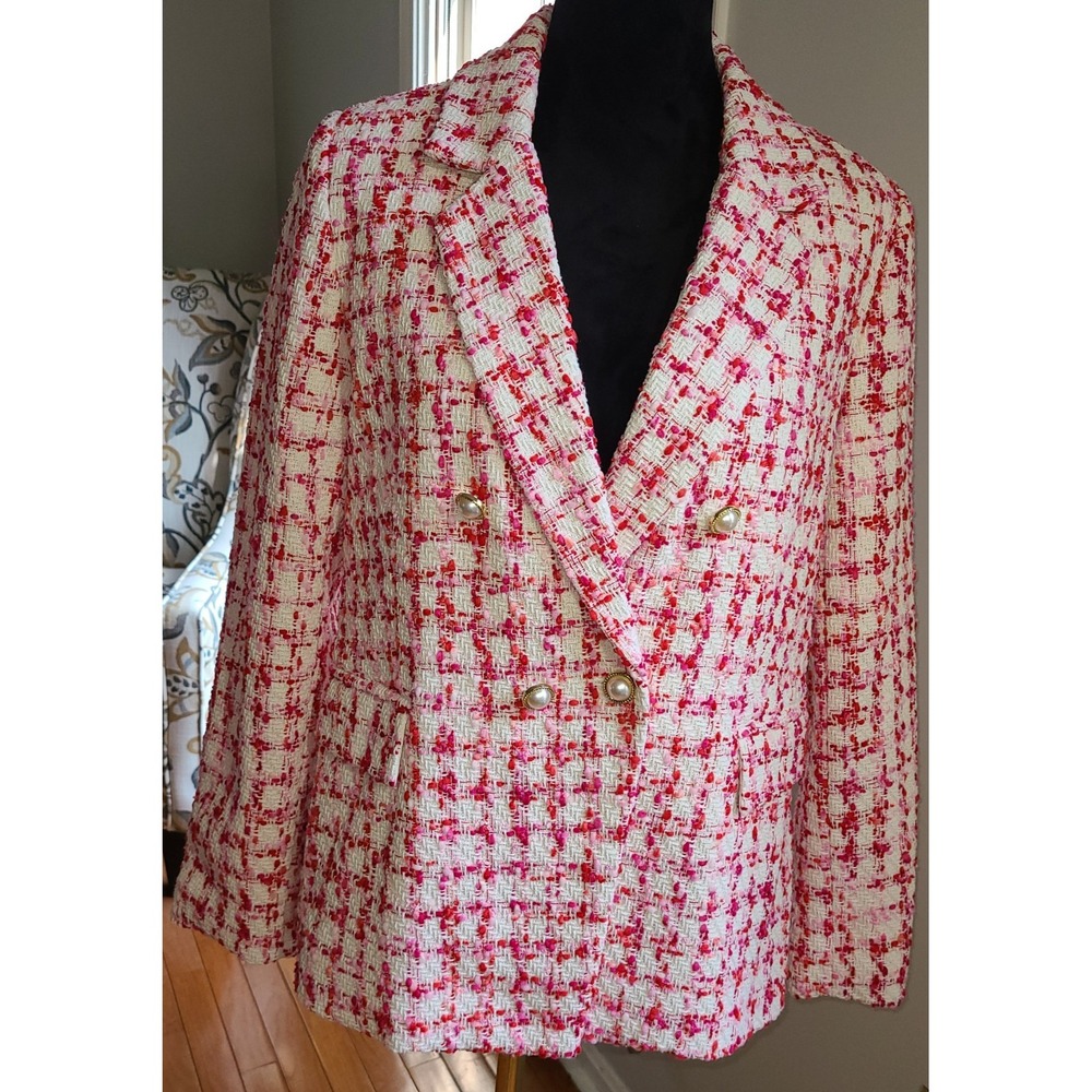 NWOT Nanette Lepore Boucle Tweed Blazer Pink Red Sz 10 Pearl Button Career